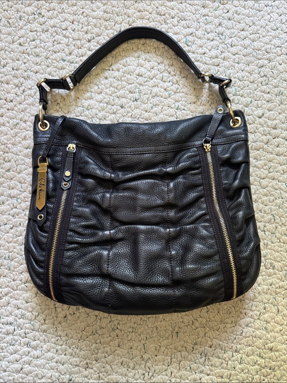 Cole Haan Black Pebbled Leather Hobo Shoulder Bag with Gold Hardware
